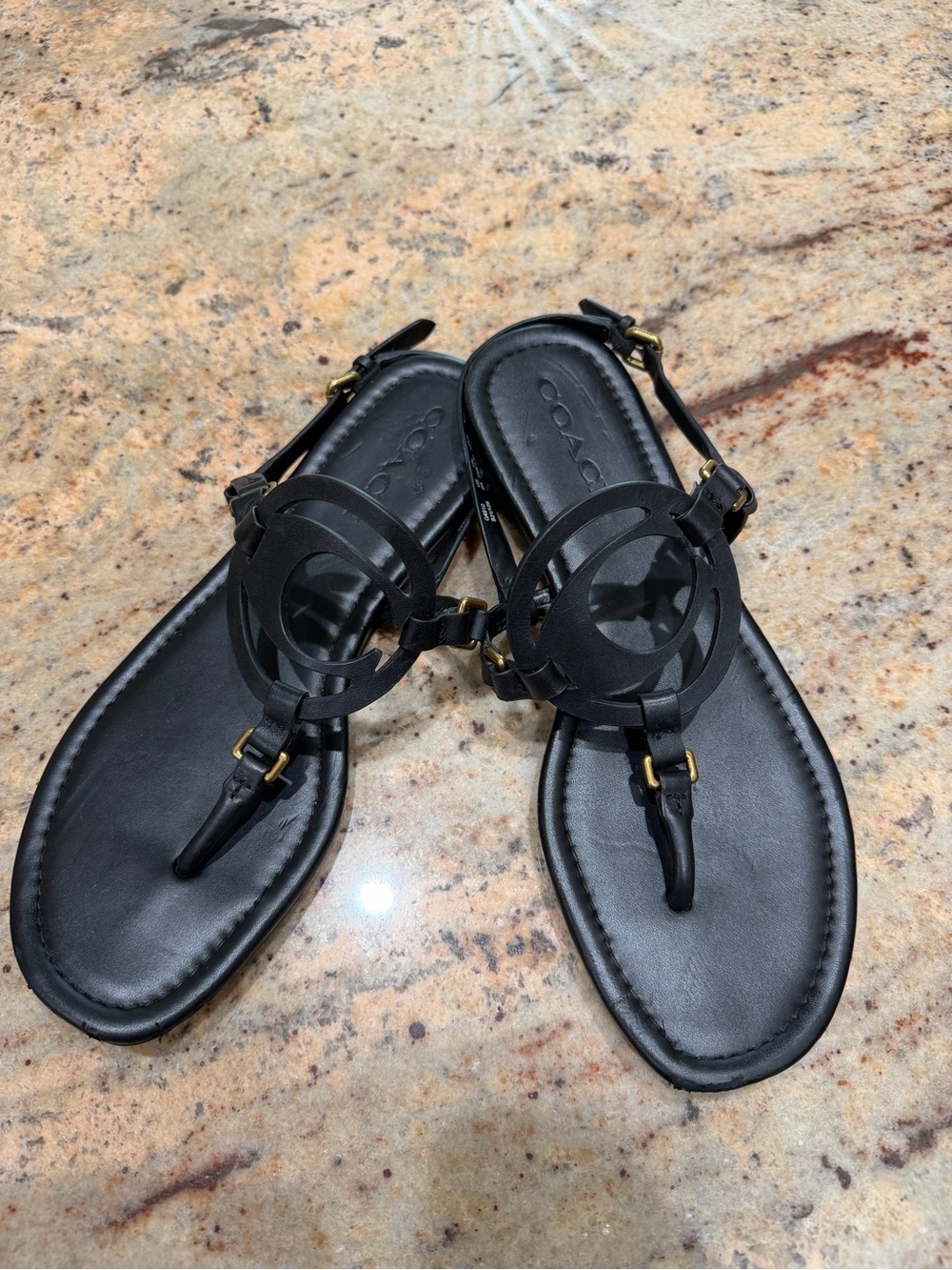 COACH Black Leather Logo Thong Sandals Size 8